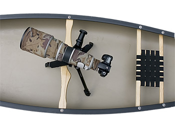 Overhead view of 500mm mounted on tripod in canoe
